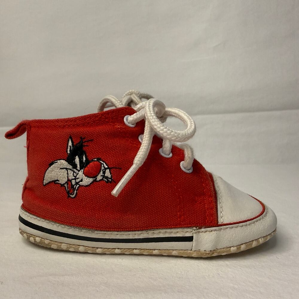 VTG Acme Baby Shoes Size 3 Sylvester Looney Tunes 80s 90s Red High Top Sneakers - Picture 2 of 13
